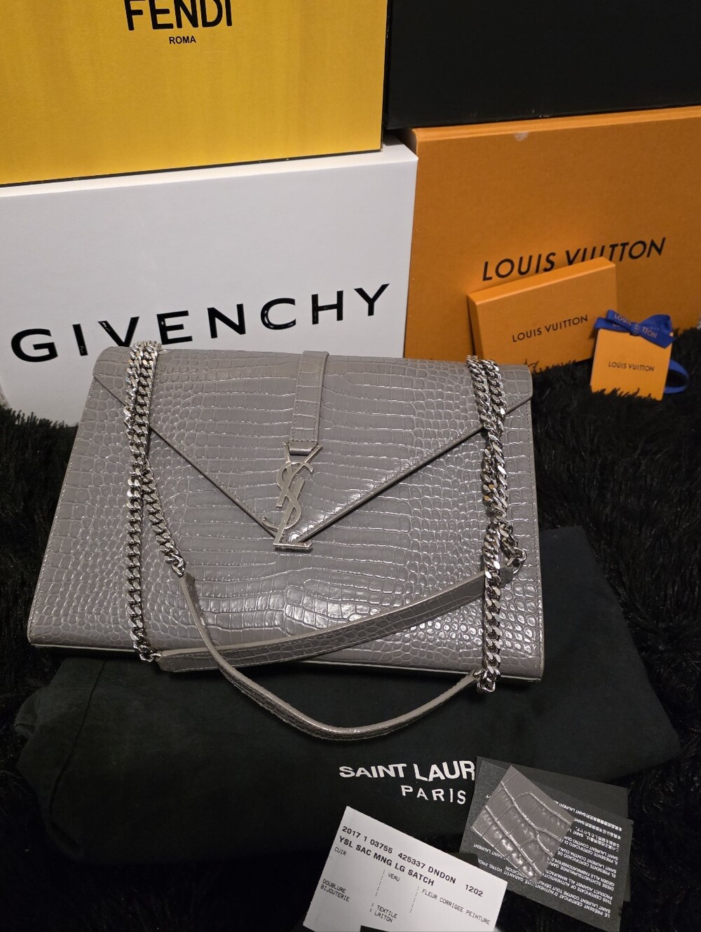 Saint Laurent Large Gray Croc-Embossed Shoulder Bag